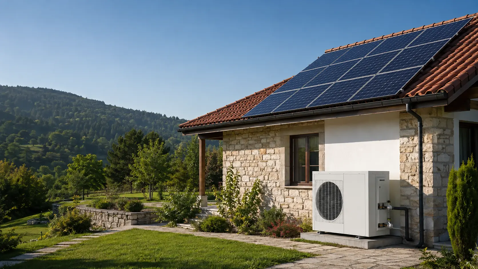 Köy evi çatısında elektrik üreten güneş panelleri ve ısı pompası sistemi